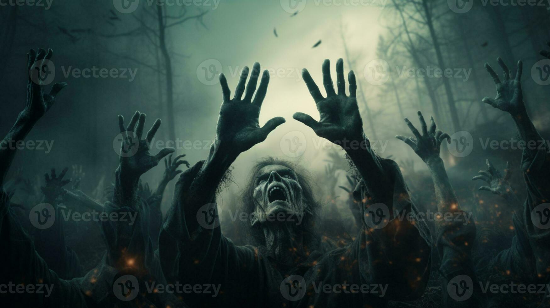 Ghost scenery Halloween background, Zombie Apocalypse, scary haunted cemetery, AI Generative photo