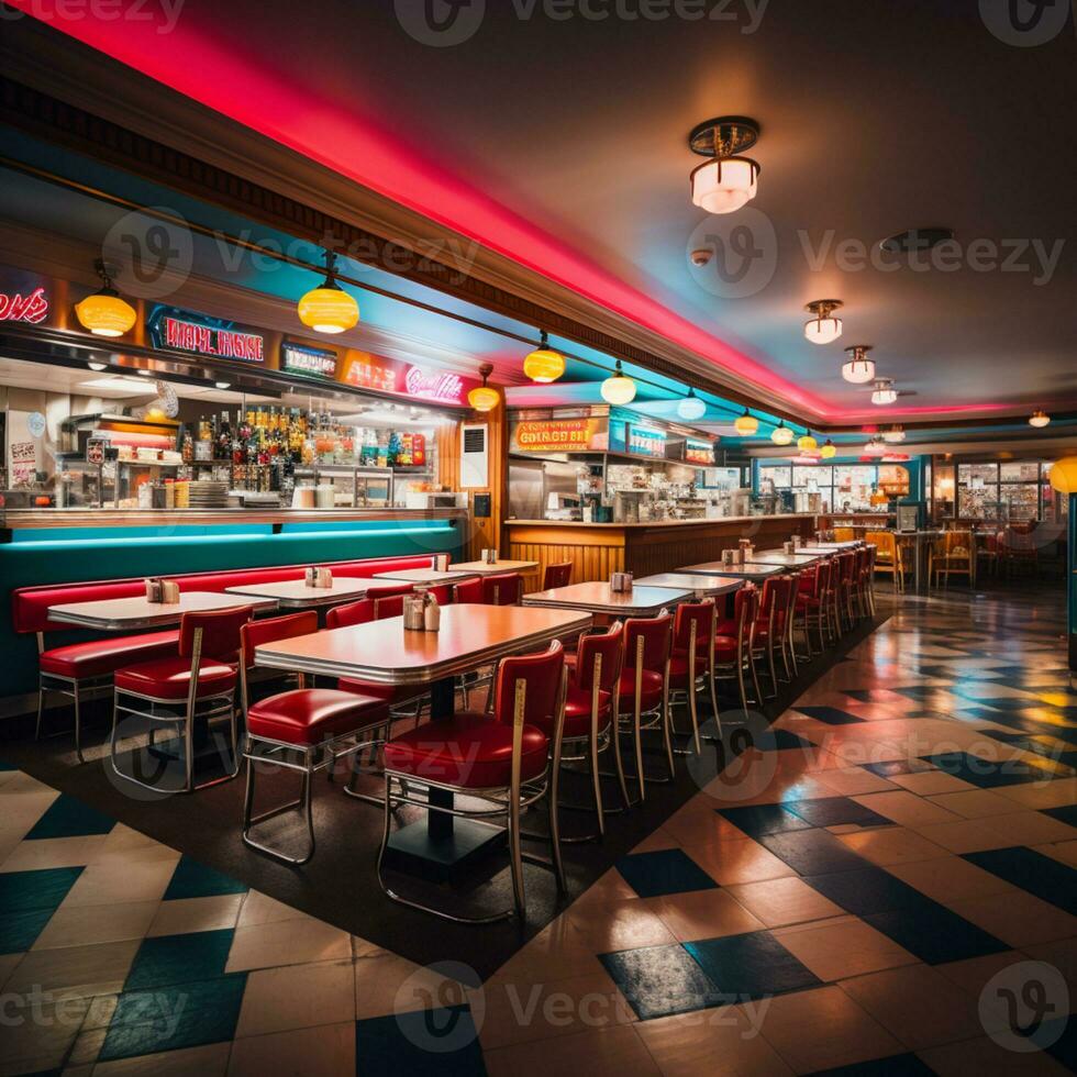 Retro vintage diner restaurant, interior design, stylish old fashioned design concept, AI Generative photo