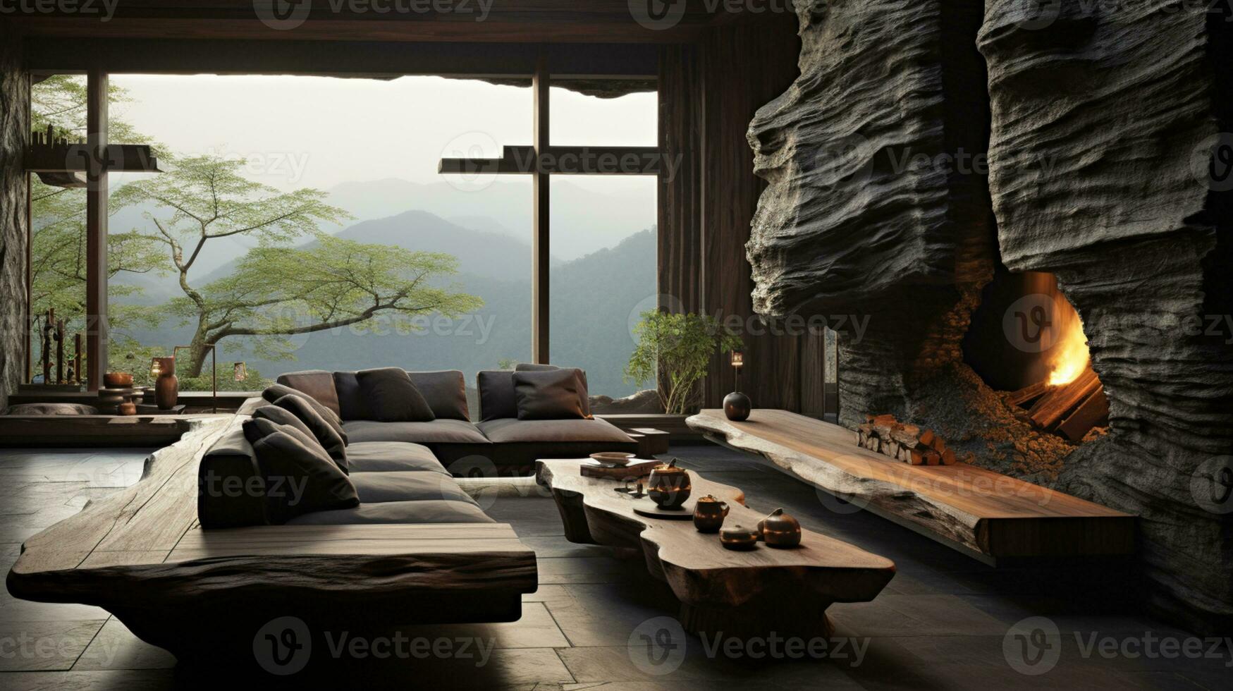 Interior Design, Living room with serene nature view, Beautiful mansion design in the forest, AI Generative photo