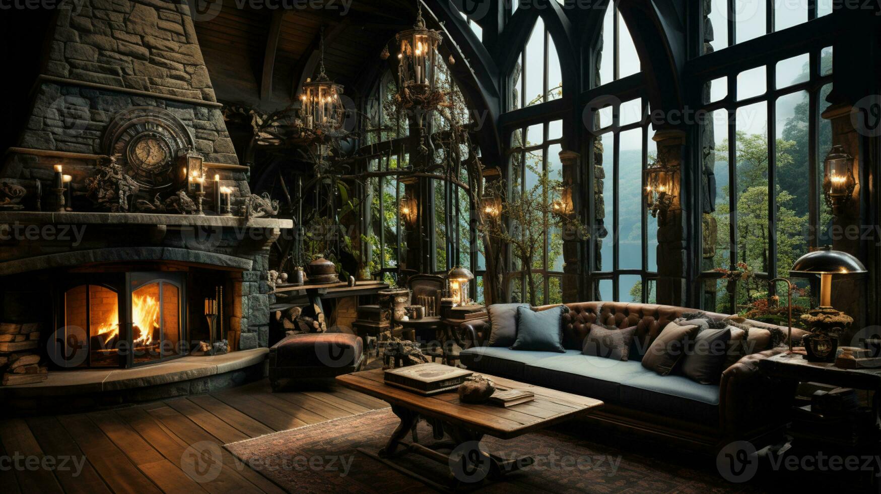 Interior Design, Beautiful Living room Gothic Style, Luxury Mansion, Elegant tall window, AI Generative photo