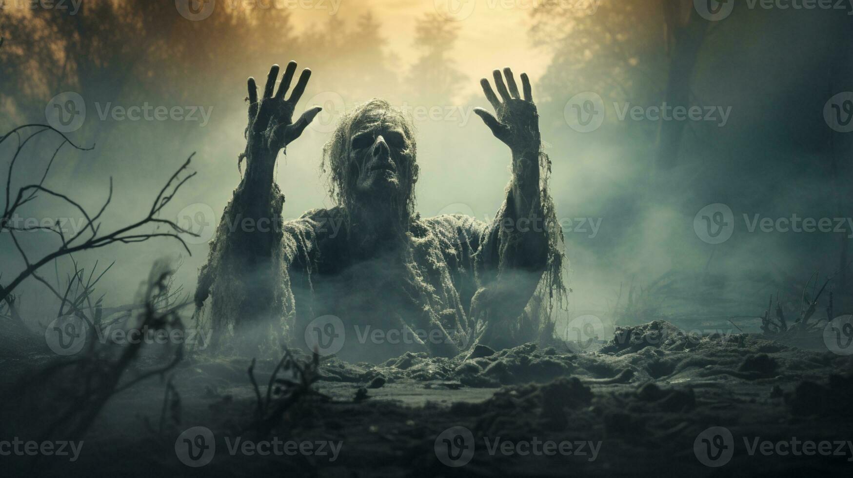 Ghost scenery Halloween background, Zombie Apocalypse, scary haunted cemetery, AI Generative photo