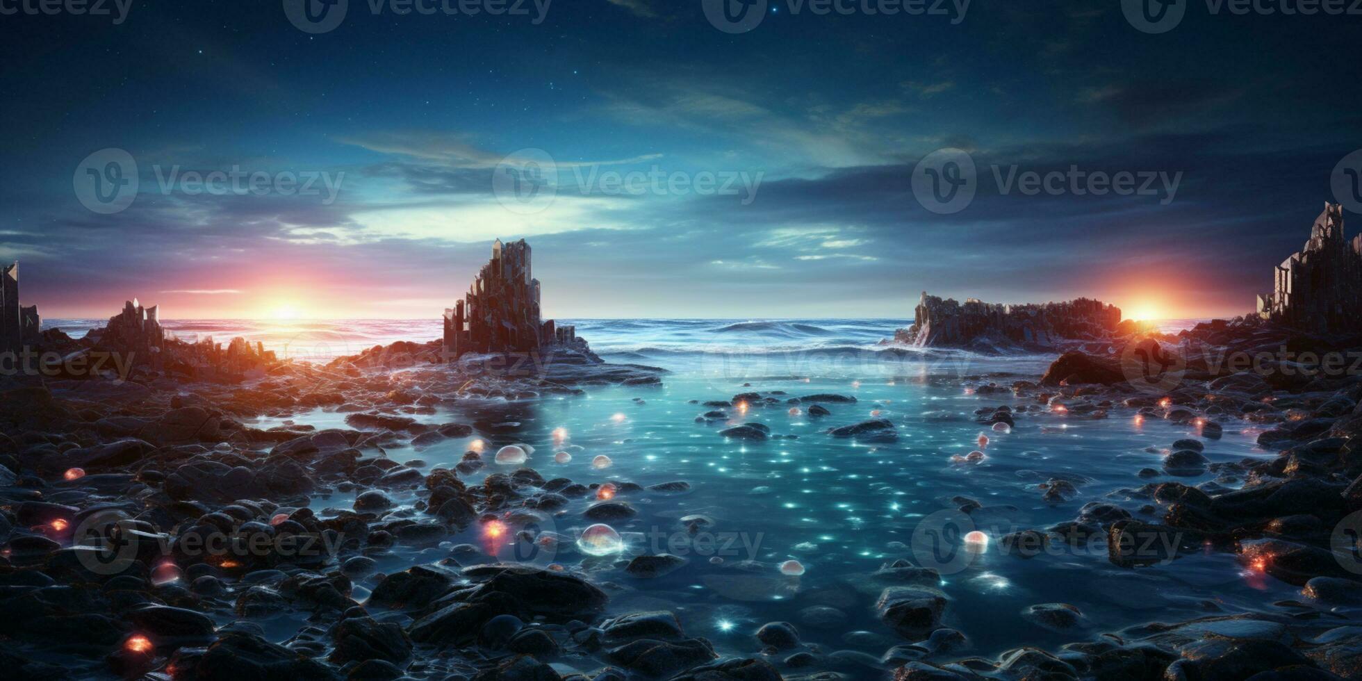 Beautiful Glass Beach, colorful pebbles, Fantasy seascape, dreamy atmosphere, AI Generative photo