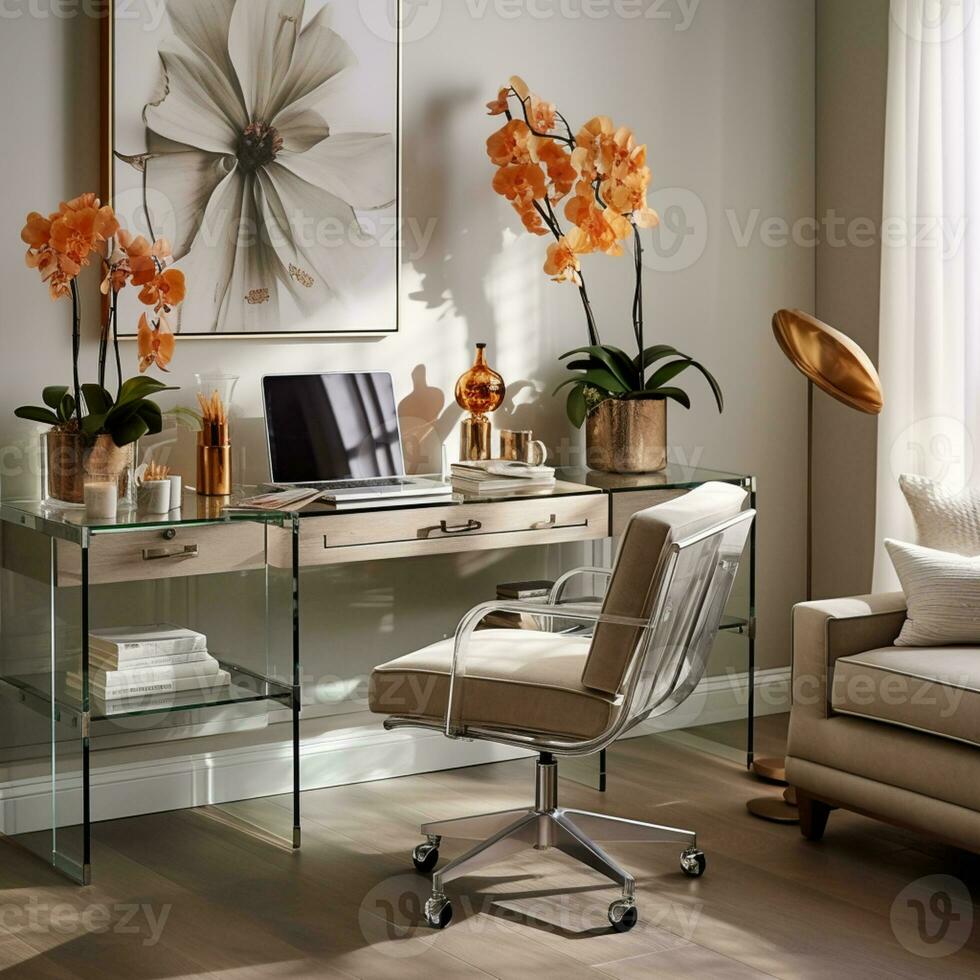 Contemporary furnished home office, comfortable office, workspace with desk and chair, stylish interior design, AI Generative photo