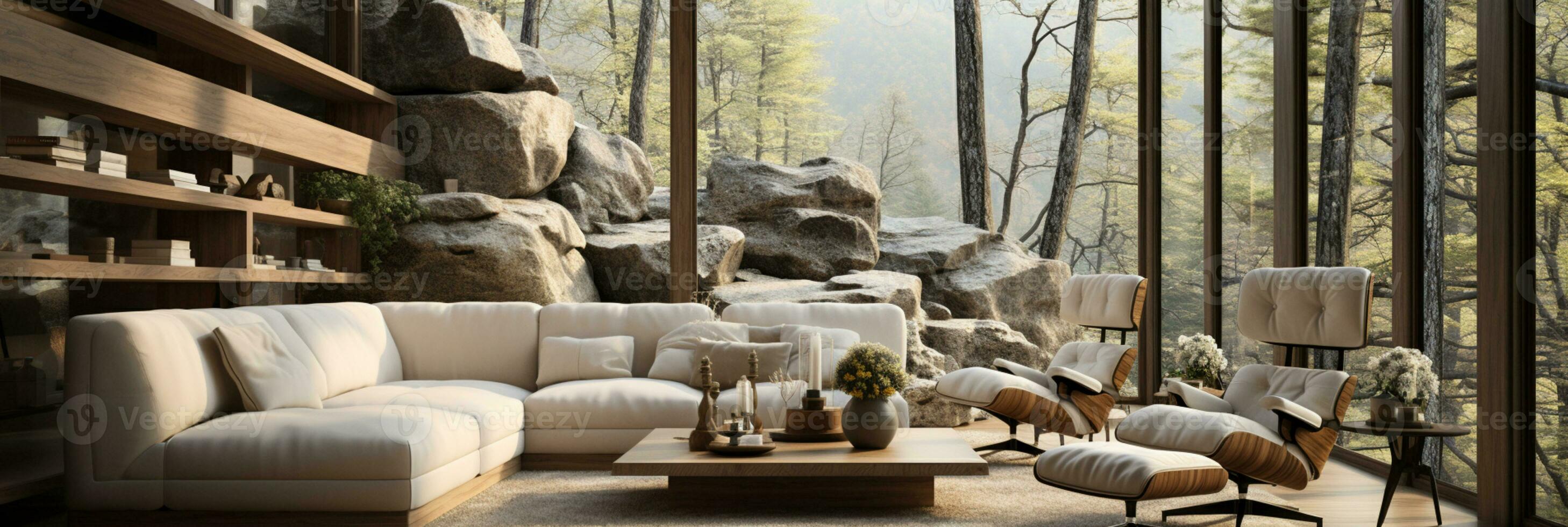 Interior Design, Minimalistic Living room with serene nature view, Beautiful villa design in the forest, AI Generative photo