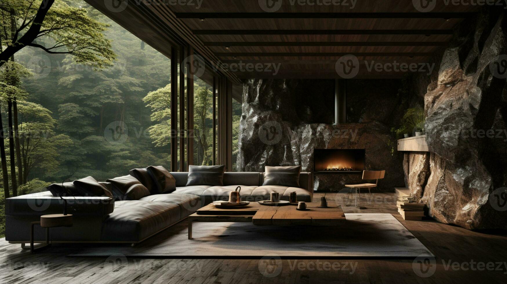 Interior Design, Living room with serene nature view, Beautiful mansion design in the forest, AI Generative photo