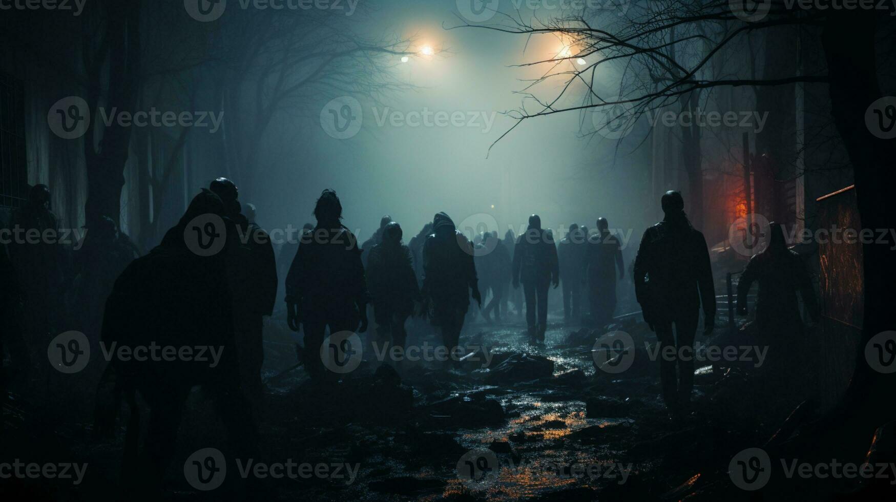 Ghost scenery Halloween background, Zombie Apocalypse, scary haunted cemetery, AI Generative photo