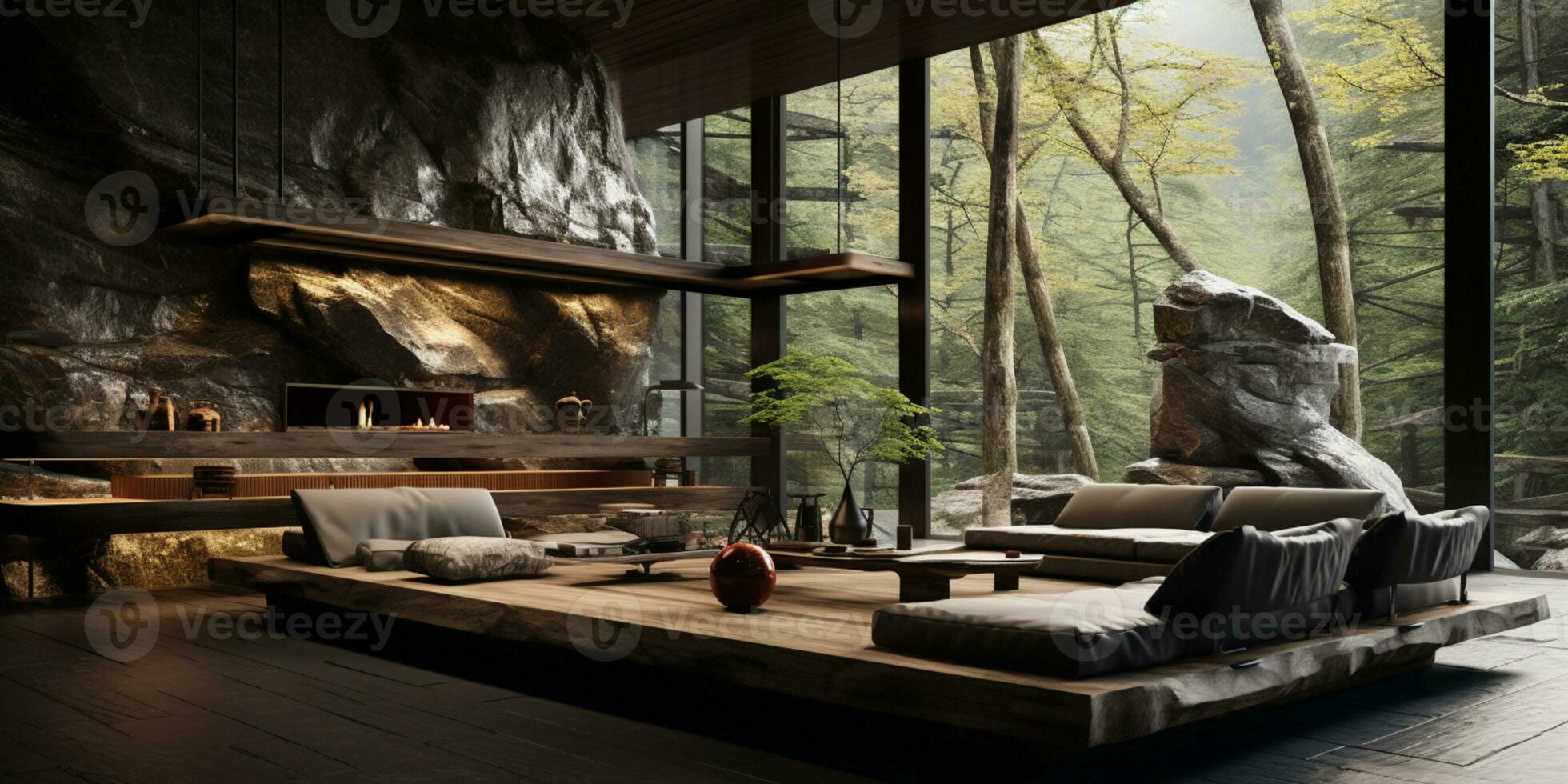 Interior Design, Living room with serene nature view, Beautiful mansion design in the forest, AI Generative photo