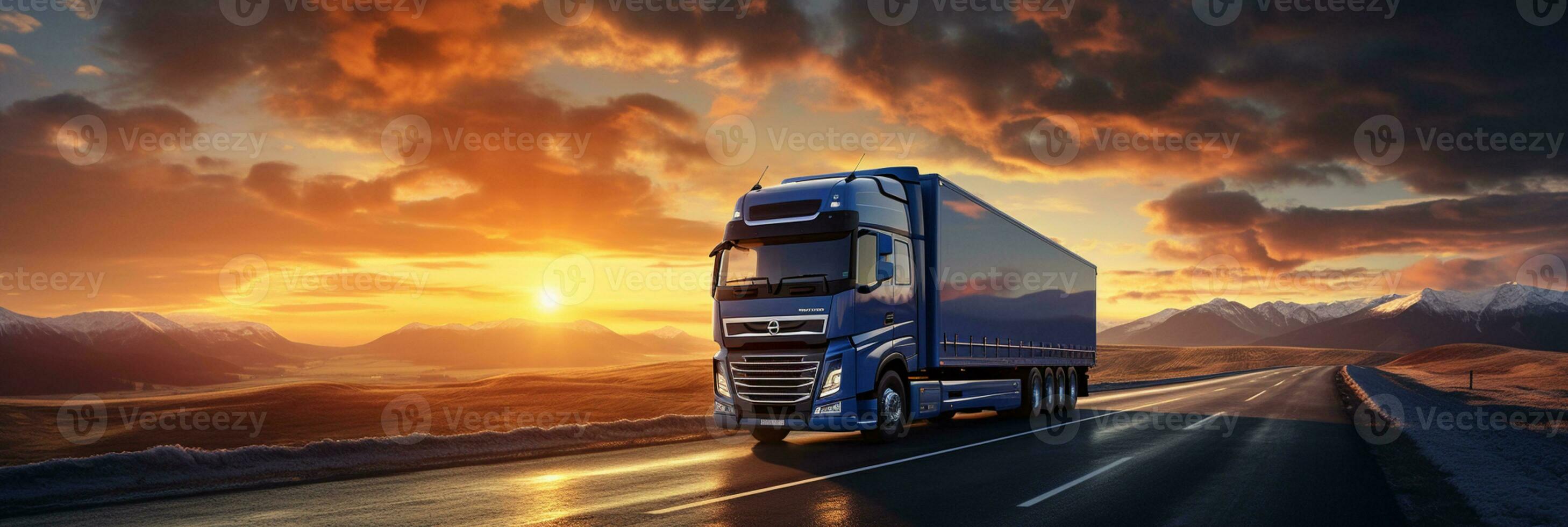 Trucks driving on highway, rural landscape, dramatic sunset, transportation on road, AI Generative photo