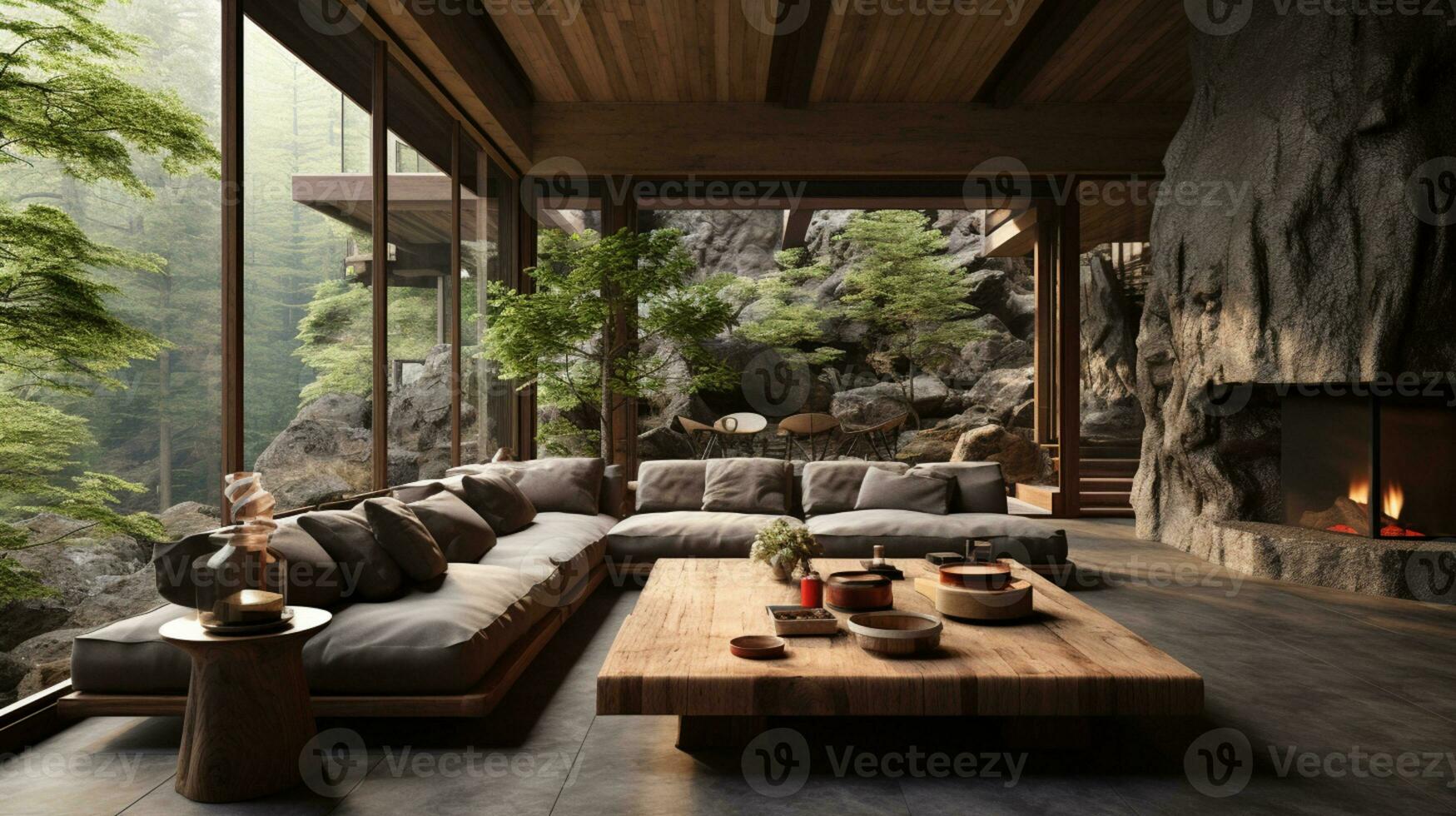 Interior Design, Living room with serene nature view, Beautiful mansion design in the forest, AI Generative photo