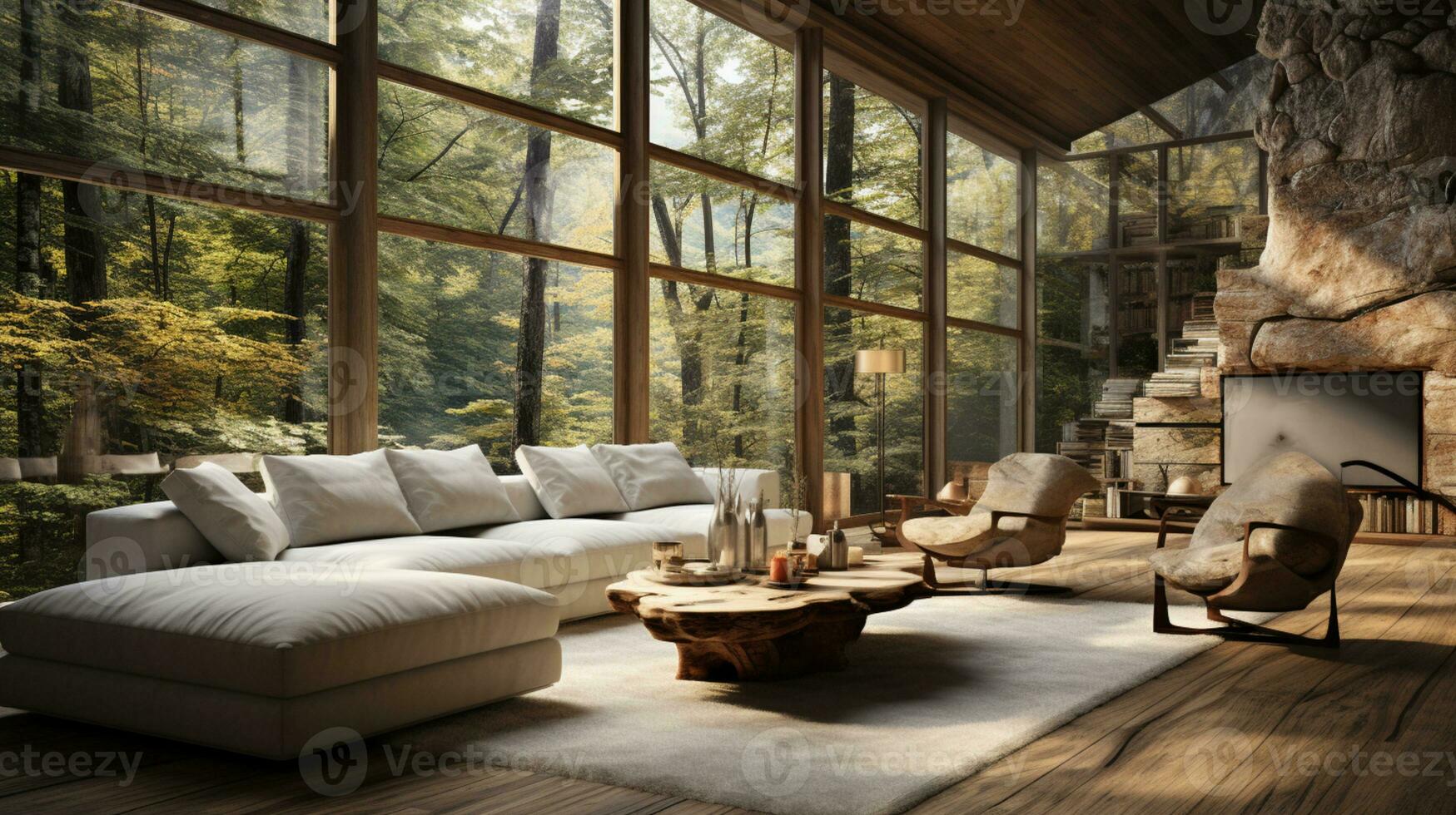 Interior Design, Minimalistic Living room with serene nature view, Beautiful villa design in the forest, AI Generative photo