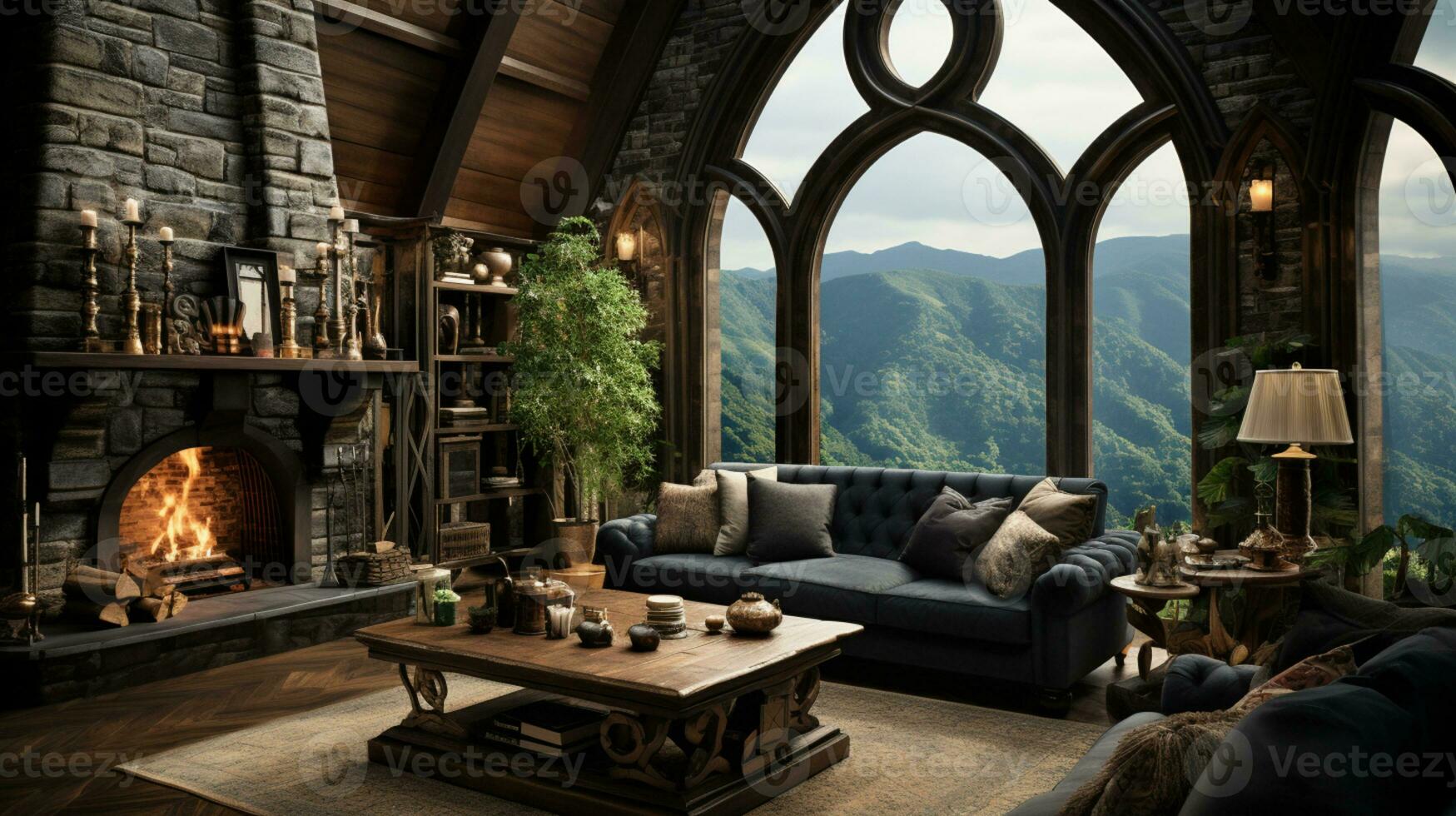 Interior Design, Beautiful Living room Gothic Style, Luxury Mansion, Elegant tall window, AI Generative photo