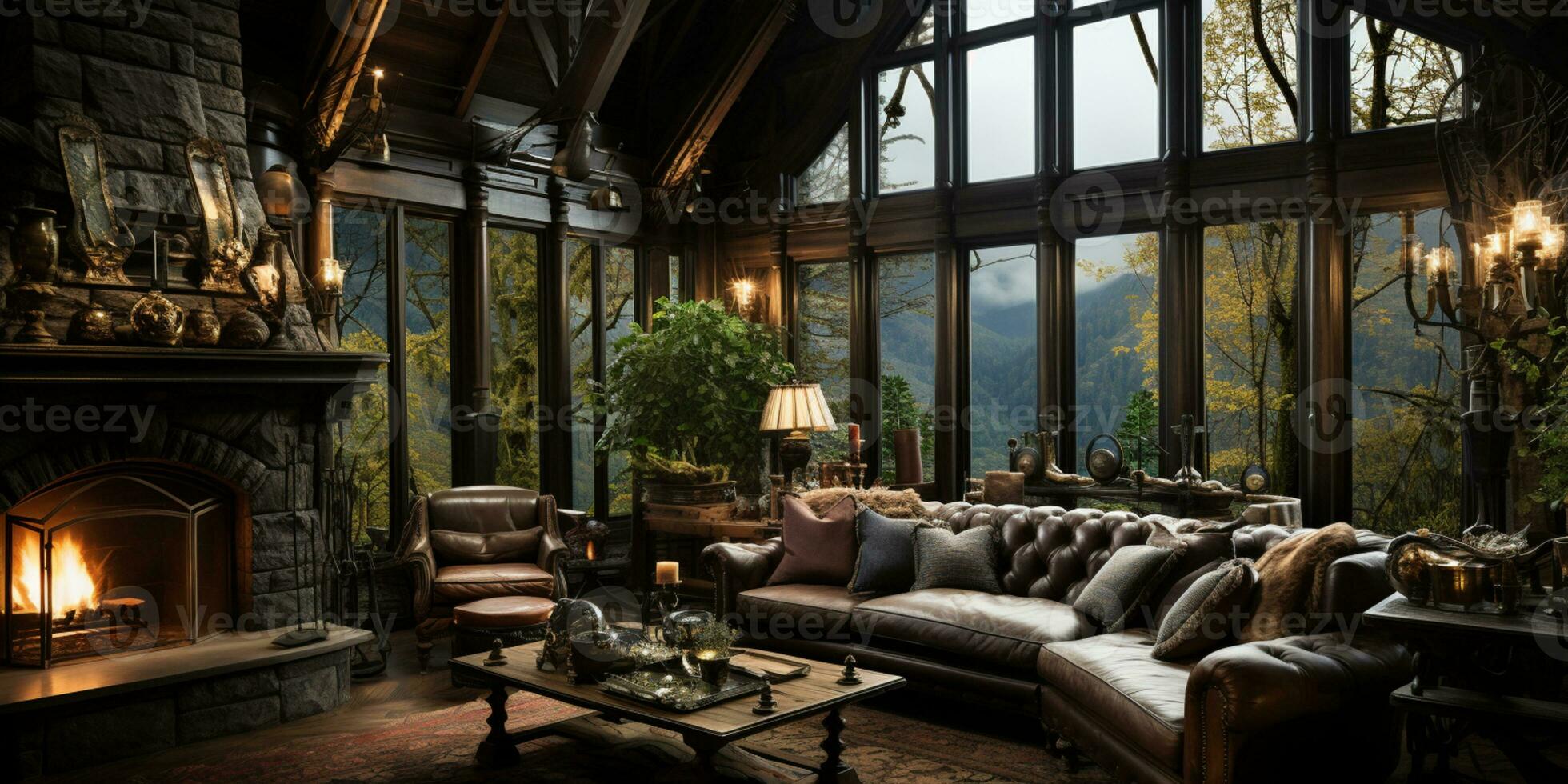 Interior Design, Beautiful Living room Gothic Style, Luxury Mansion, Elegant tall window, AI Generative photo