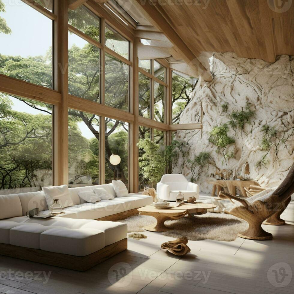 Interior Design, Minimalistic Living room with serene nature view, Beautiful villa design in the forest, AI Generative photo