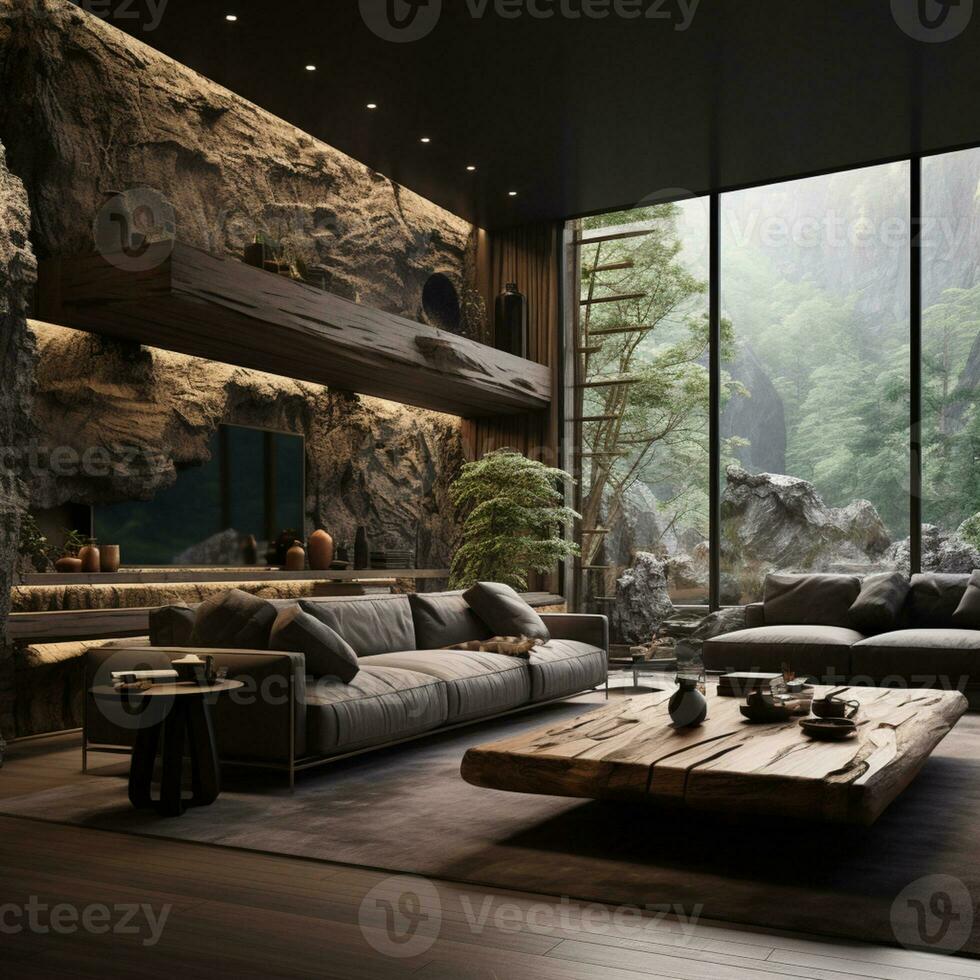 Interior Design, Living room with serene nature view, Beautiful mansion design in the forest, AI Generative photo