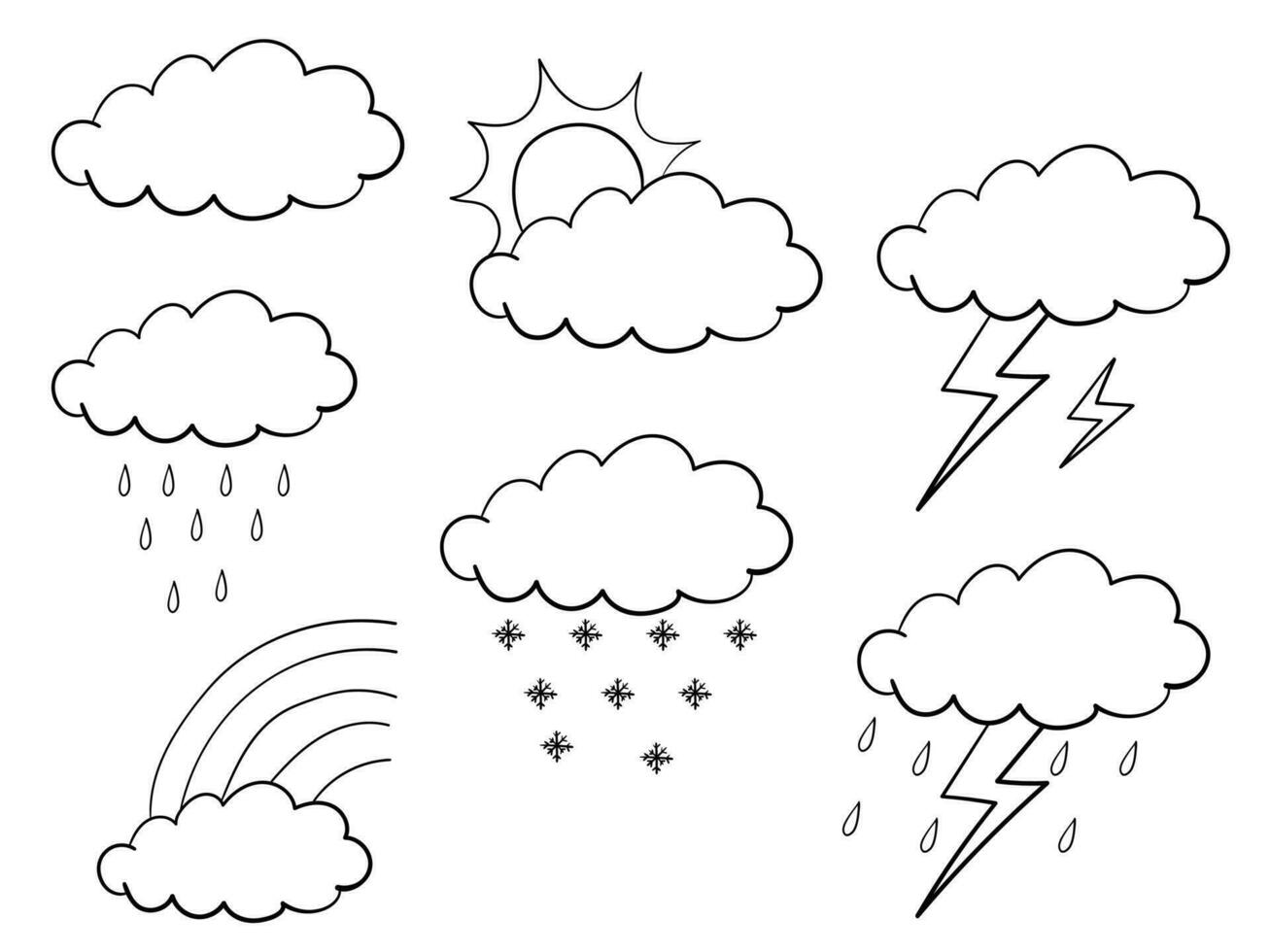 conjunto de clima condiciones nubes con relámpago y un tormenta, lluvia y nieve vector
