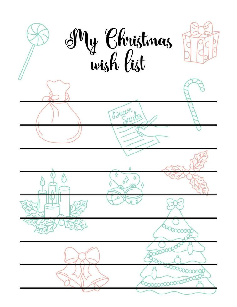 Christmas wish list blank template. Empty Xmas wishlist with cute kid doodles and copy space. Vertical vector illustration. Printable page US Letter proportions size