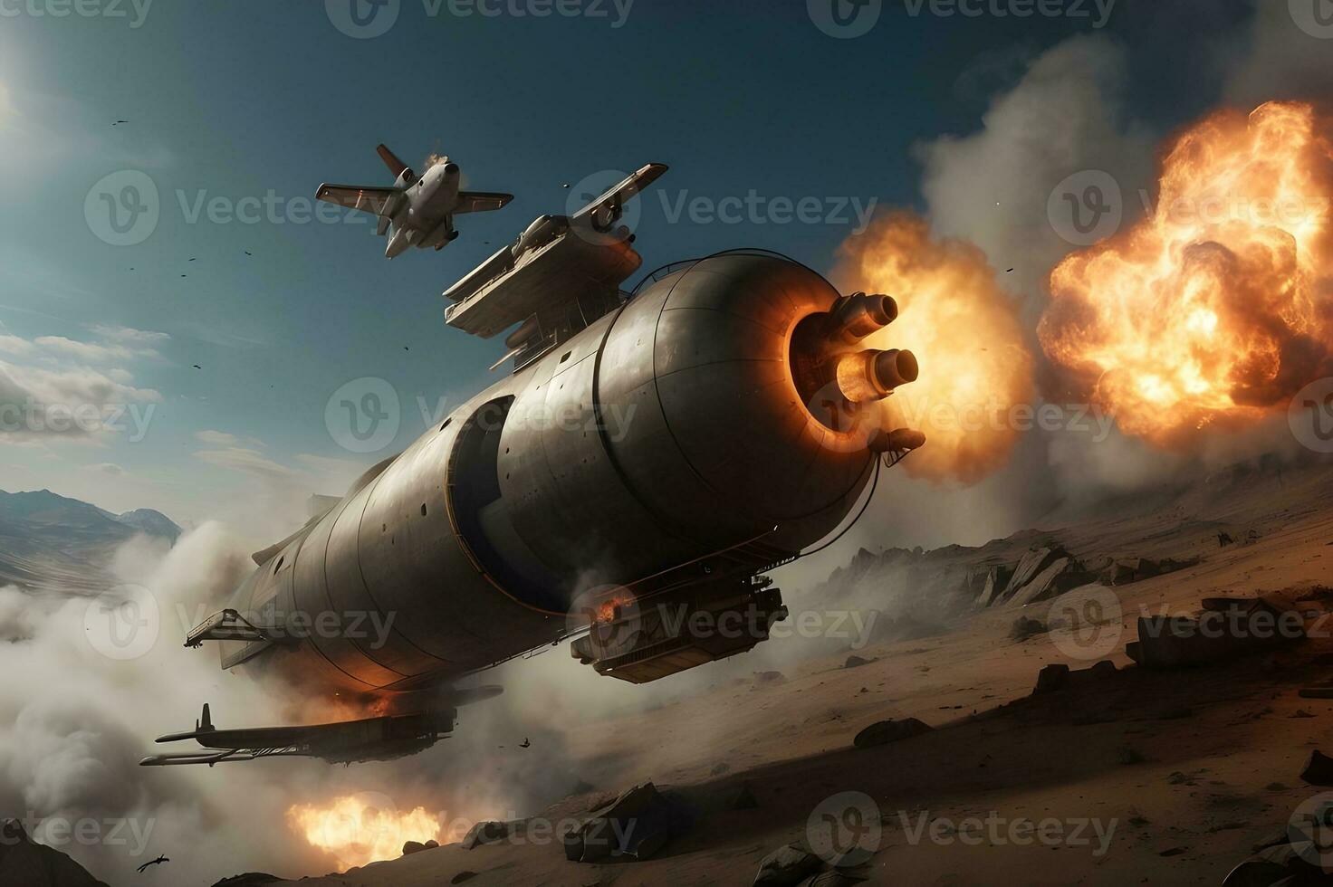 antique fighter planein the sky with smoke and fire photo