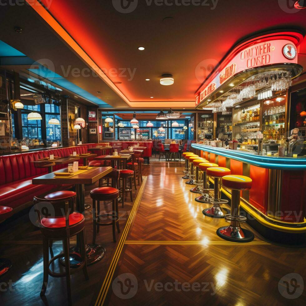 Retro vintage diner restaurant, interior design, stylish old fashioned design concept, AI Generative photo