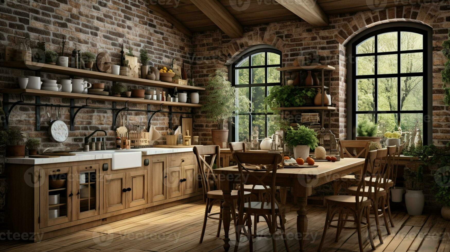 Rustic farmhouse kitchen, stylish spacious cooking area, interior design, AI Generative photo