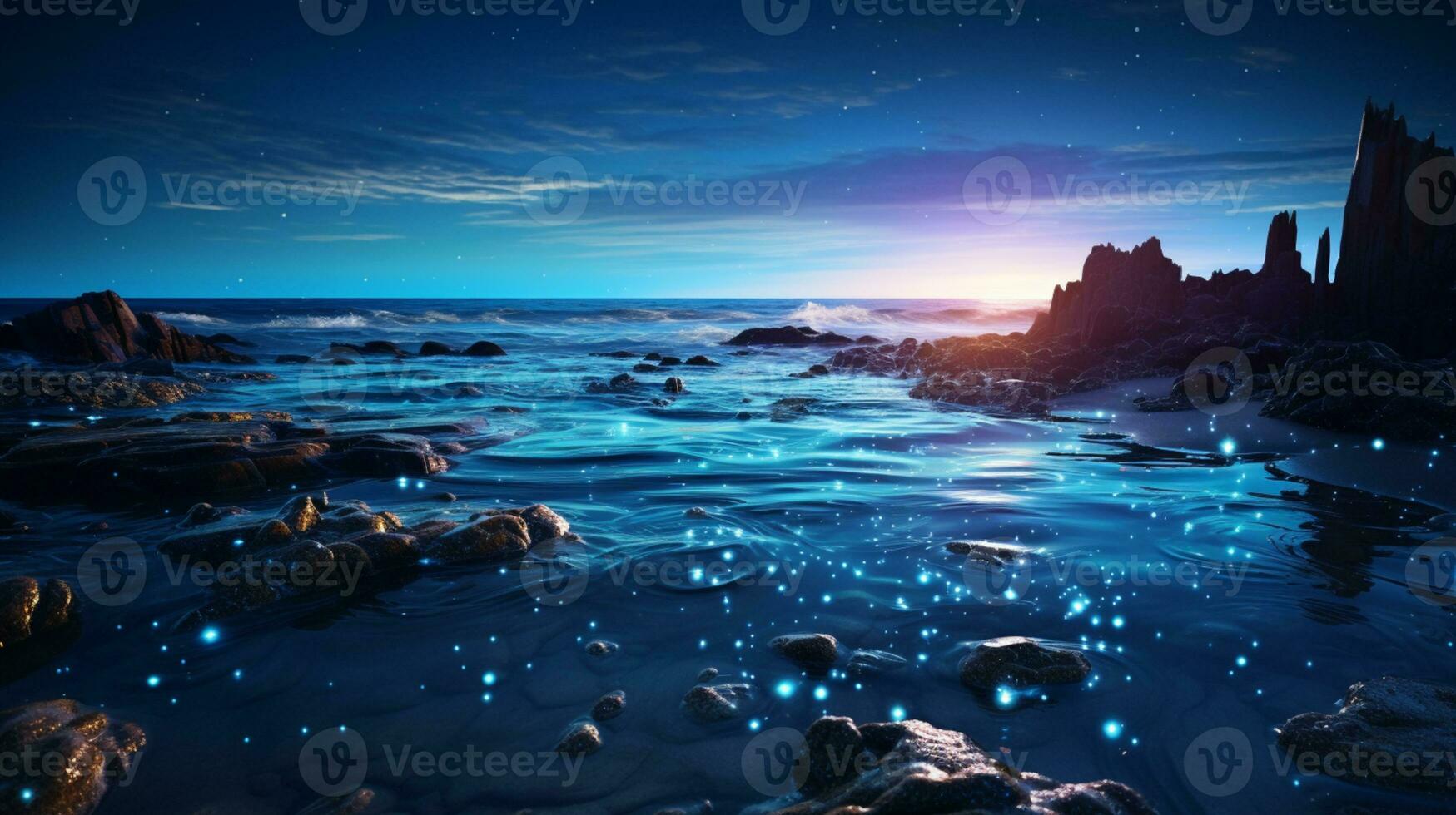 Fantasy seascape, Night view of the ocean, glowing sea, Beautifully starry night sky, dreamy atmosphere, AI Generative photo