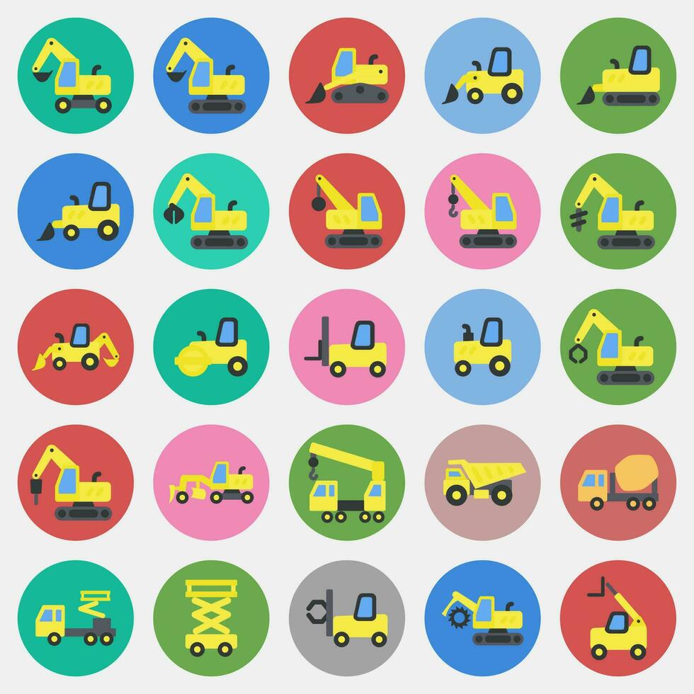 Icon set of heavy equipment. Heavy equipment elements. Icons in color mate style. Good for prints, posters, logo, infographics, etc. vector