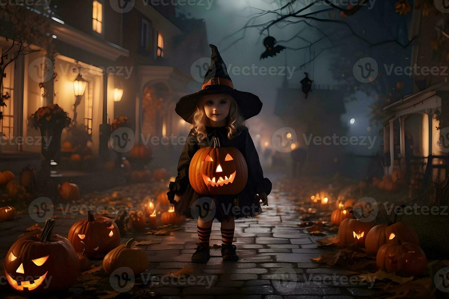 Little girl in halloween costume with pumpkin on the street at night photo