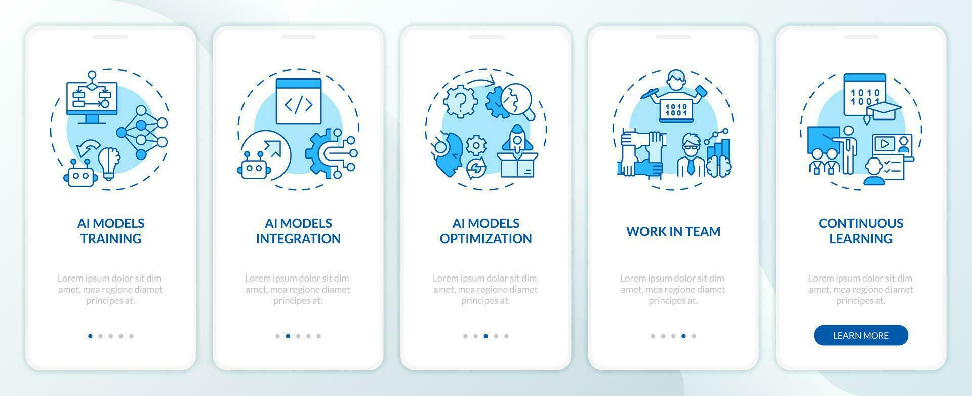 2D icons representing AI engineer mobile app screen set. Walkthrough 5 steps blue graphic instructions with line icons concept, UI, UX, GUI template. vector