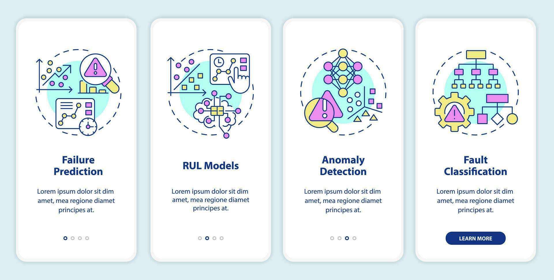 2D multicolor icons representing predictive maintenance mobile app screen set. Walkthrough 4 steps graphic instructions with thin line icons concept, UI, UX, GUI template. vector
