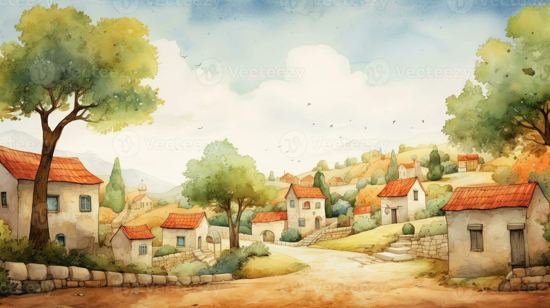 Watercolor Illustration of Warm and Tidy Little Village, Landscape Background photo