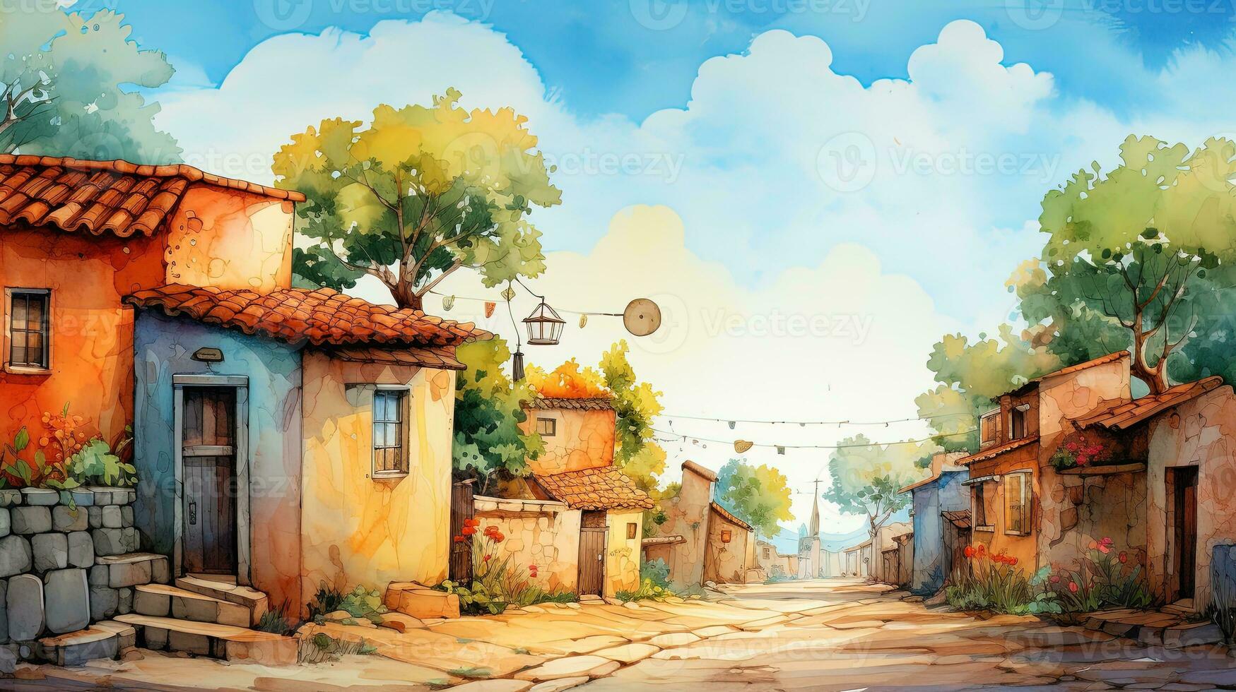 Watercolor Illustration of Warm and Tidy Little Village, Landscape Background photo