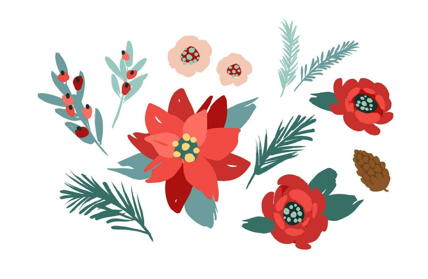 Set of Christmas floral design elements. Flowers, leaves, needles, berries Vector illustrations