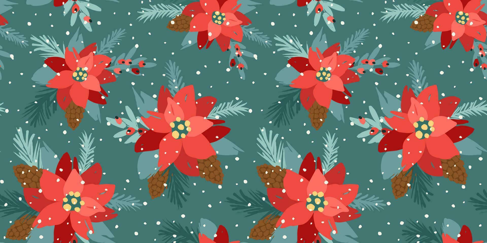 Christmas and Happy New Year seamless pattern. Christmas tree, flowers, berries. New Year symbols. Vector design template.