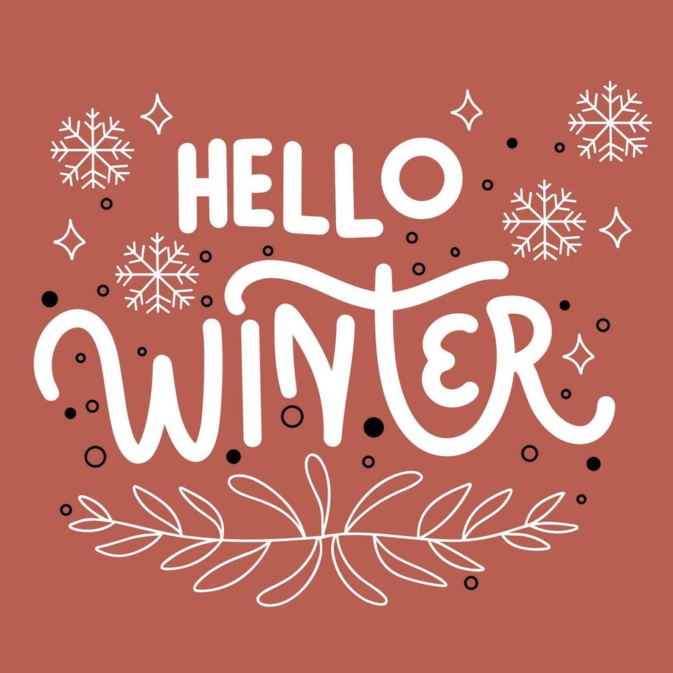 Hello Winter handwriting text. Hello Winter inscription logo and emblems for invitations, card and poster. Vector illustration. Hand drawn vector art.