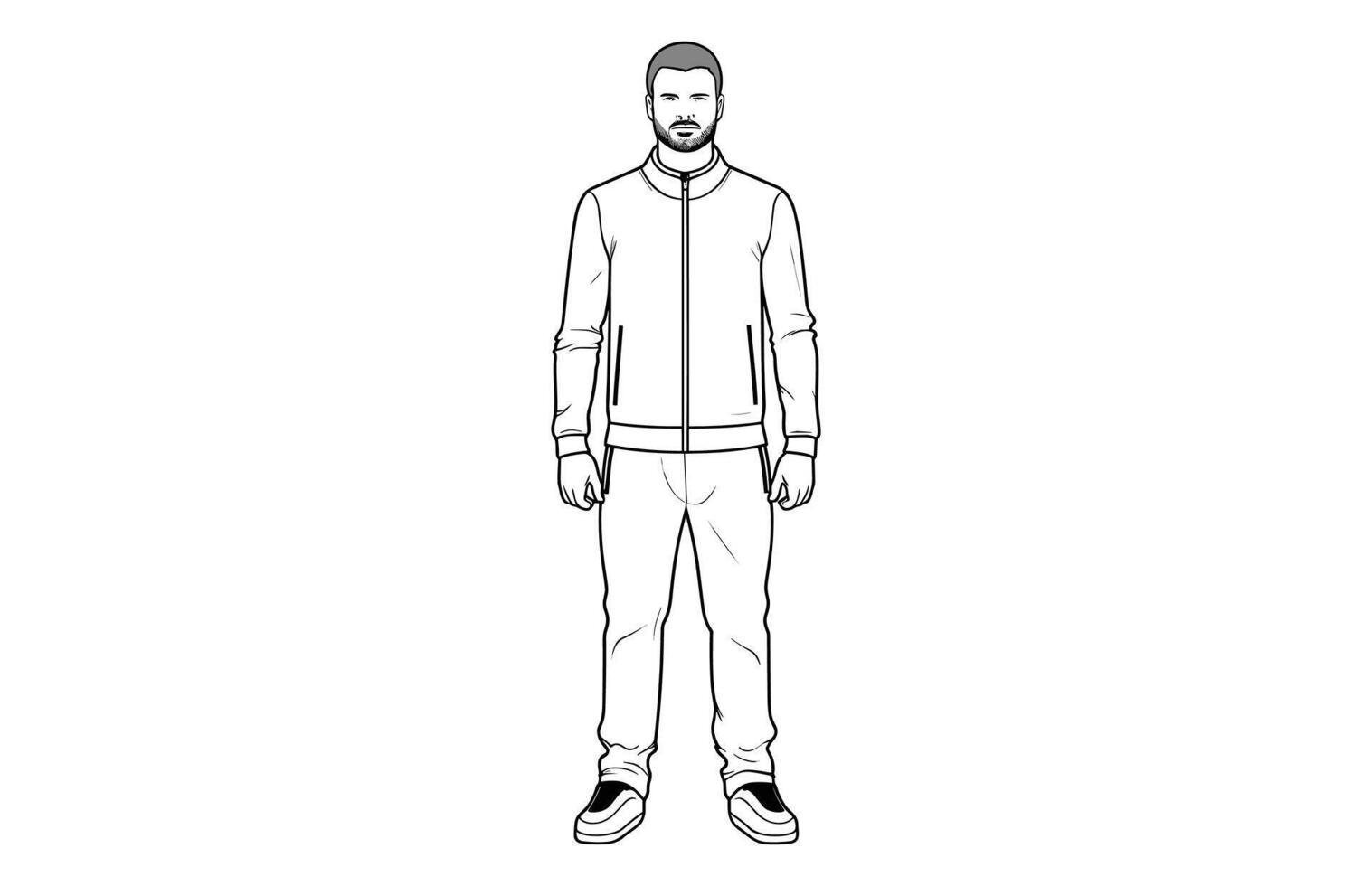 Men's Zip Up Track Jacket Outline Illustration, Long sleeve polo collar track suit jacket. vector