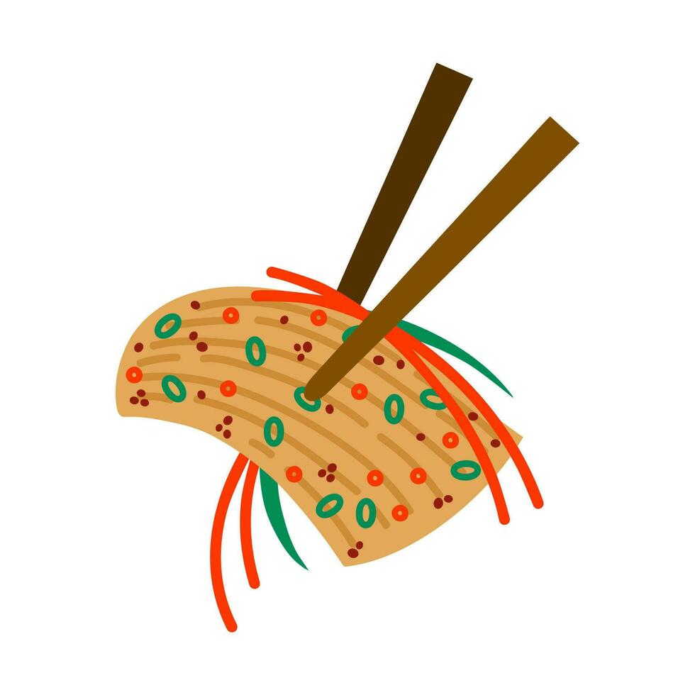 Kimchi vector icon. Korean pickle made from Chinese cabbage with green onions, carrots, chili, and spices. Fermented vegetables on chopsticks. Delicious spicy Asian food. Flat clipart for logo, print
