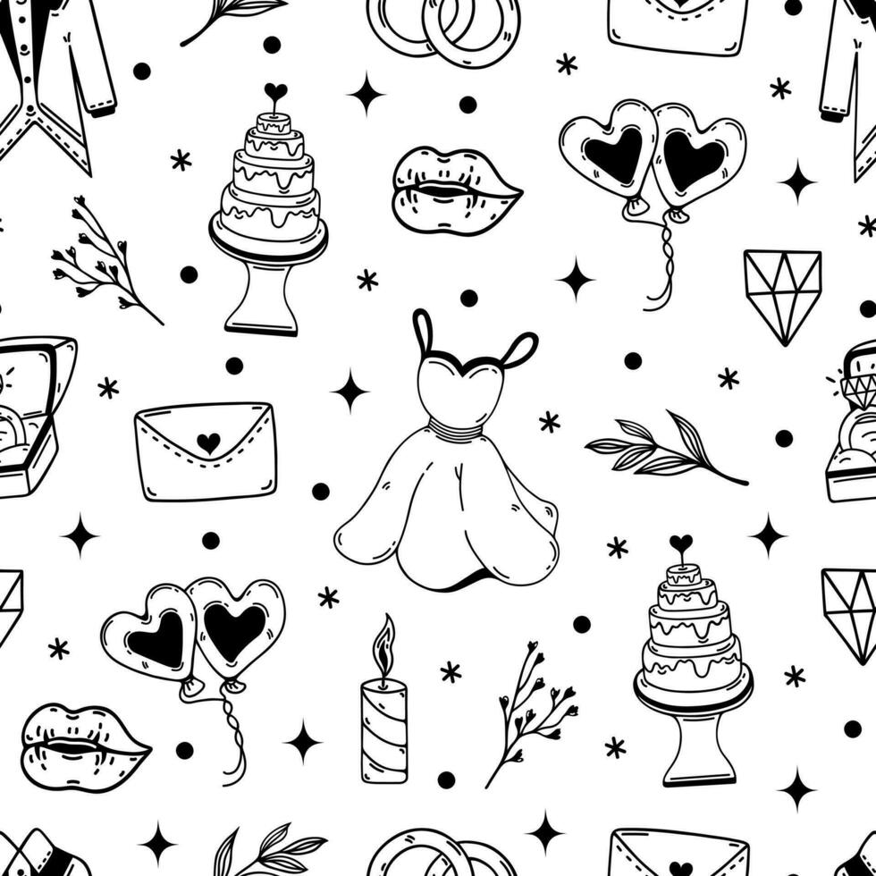 Wedding seamless vector pattern. Symbols of marriage - engagement rings, flowers, heart shaped balloons, bride dress, groom tuxedo, cake, romantic letter. Black and white background for love party