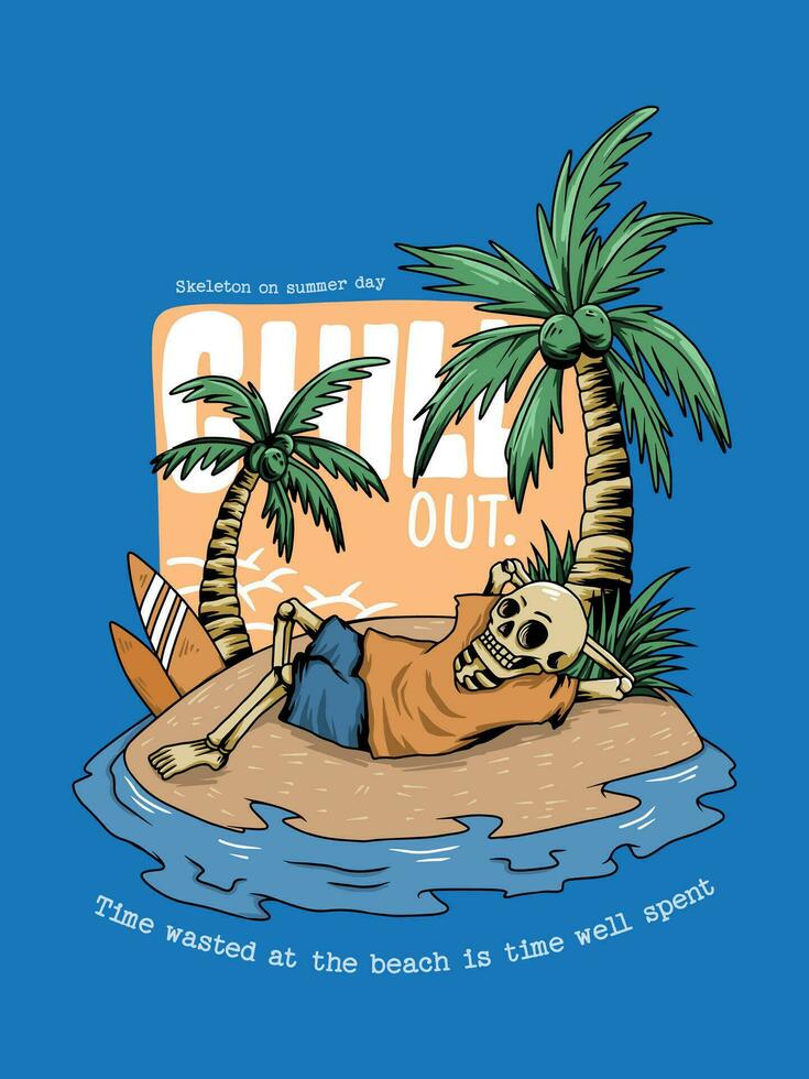 Vector illustration of a skeleton enjoying summer time at the beach. Suitable for t shirt design, sticker, poster, print, etc