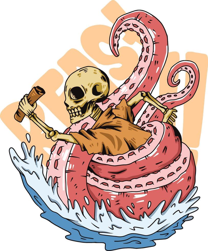 illustration of a skeleton entangled by a giant octopus monster while holding a treasure map vector