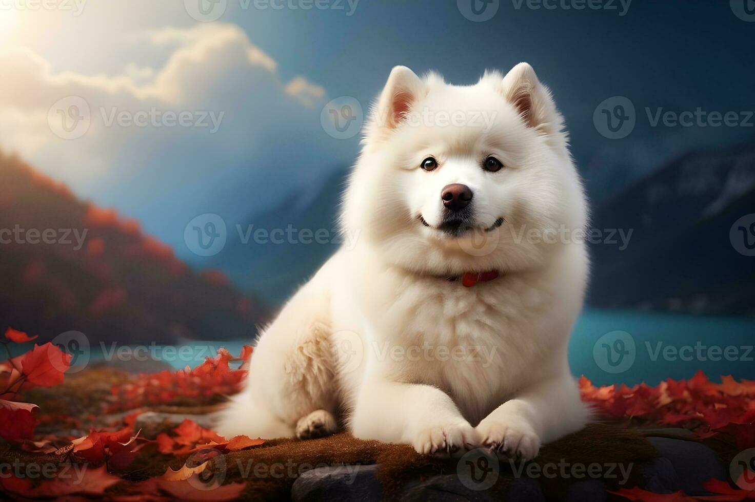 Cute Samoyed dog sitting on a rock with autumn leaves photo