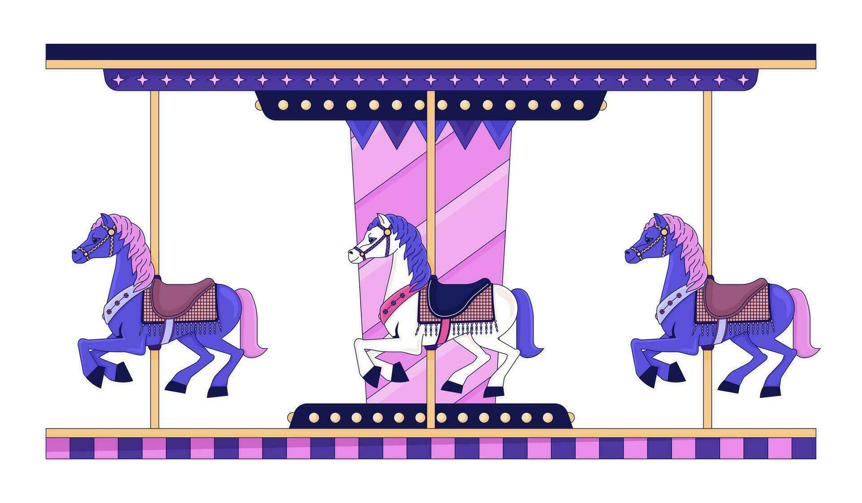 Kids carousel merry go round 2D linear cartoon object. Roundabout amusement park isolated line vector element white background. Fairground horses ride for children color flat spot illustration