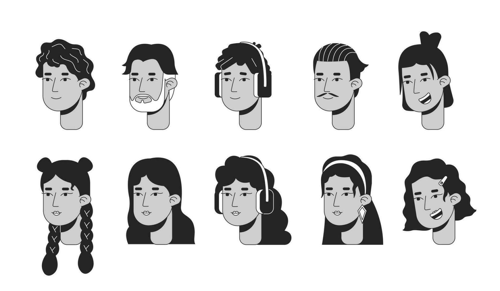 Generations hispanic black and white 2D line cartoon character faces set. Latin american isolated vector outline heads people. Different ages and genders monochromatic flat spot illustration bundle