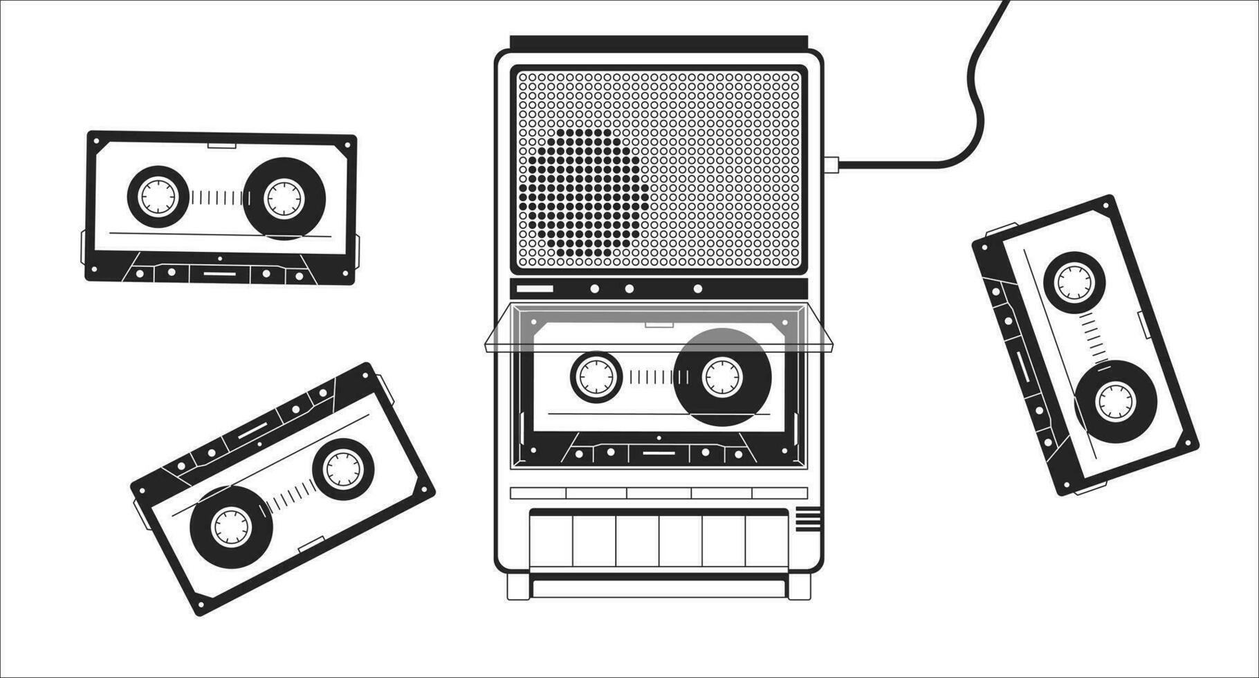 Old fashioned player cassette tapes black and white lofi wallpaper. Portable device vintage 2D outline objects cartoon flat illustration. Retro record music 80s vector line lo fi aesthetic background