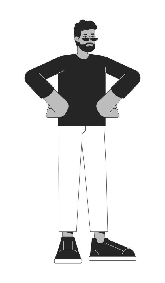 African american man confident hands on hips black and white 2D line cartoon character. Black guy bearded sunglasses isolated vector outline person. Power pose monochromatic flat spot illustration