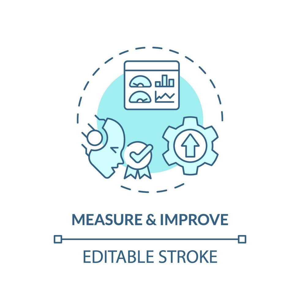 2D editable measure and improve icon representing AI ops, isolated vector, blue thin line illustration. vector