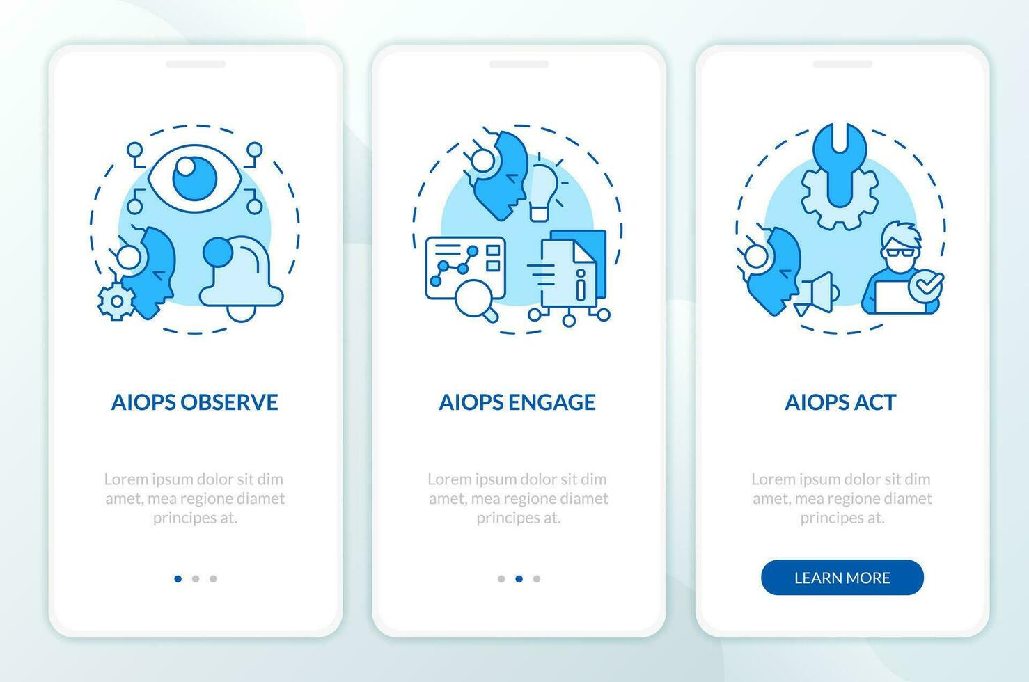 2D icons representing AI ops mobile app screen set. Walkthrough 3 steps blue graphic instructions with linear icons concept, UI, UX, GUI template. vector