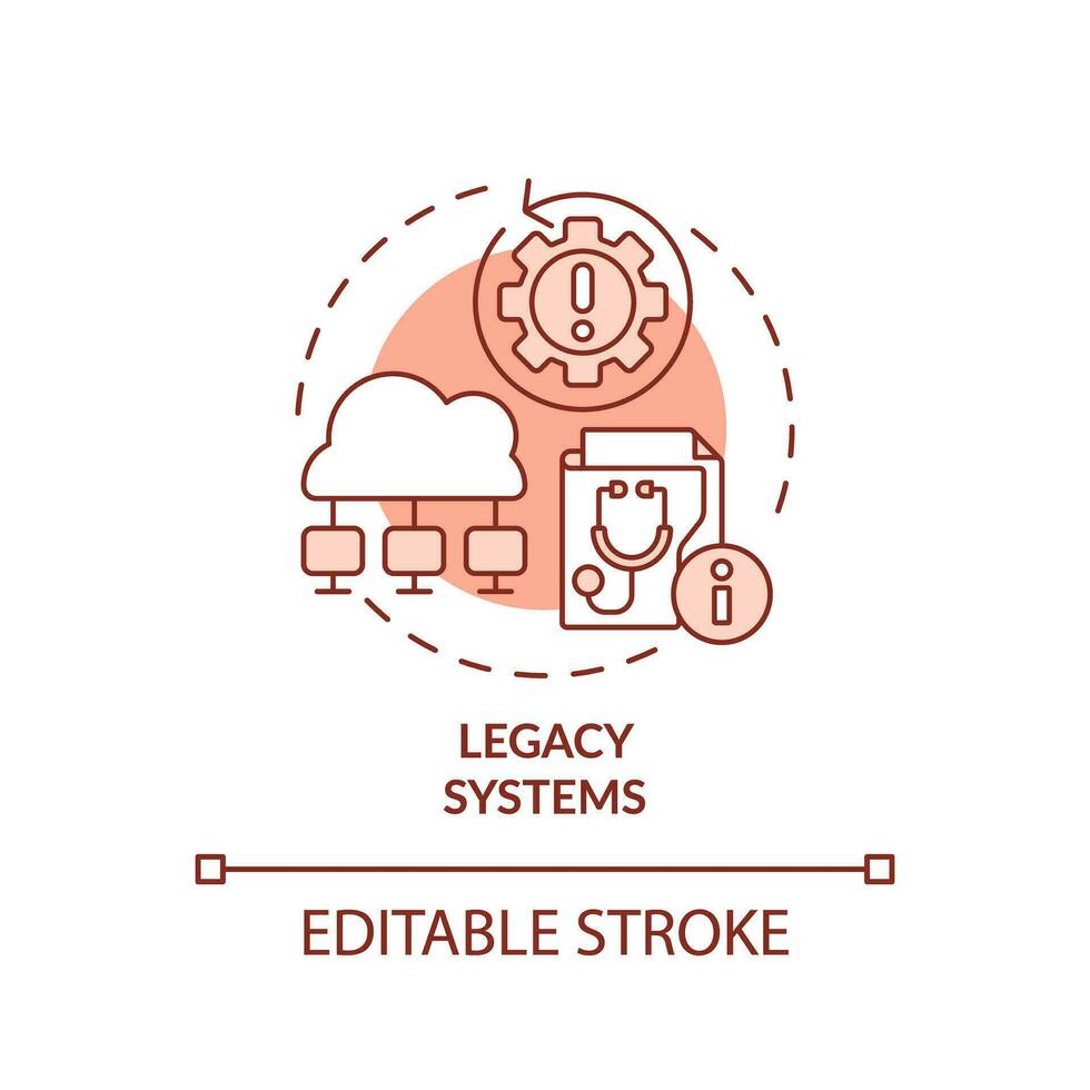 2D editable red icon legacy systems concept, isolated monochromatic vector, health interoperability resources thin line illustration. vector