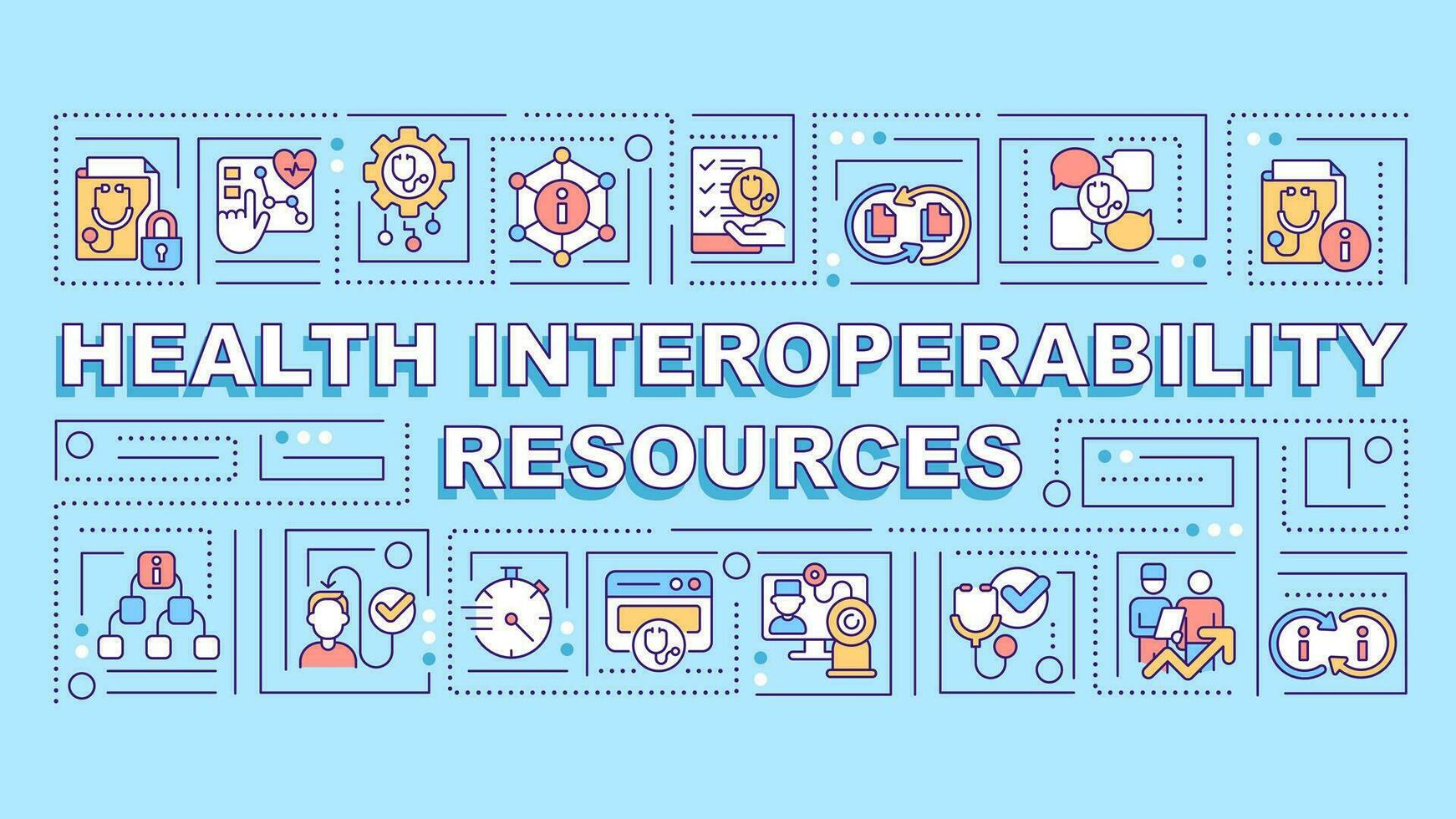 Health interoperability resources text with various thin line icons concept on blue monochromatic background, editable 2D vector illustration.