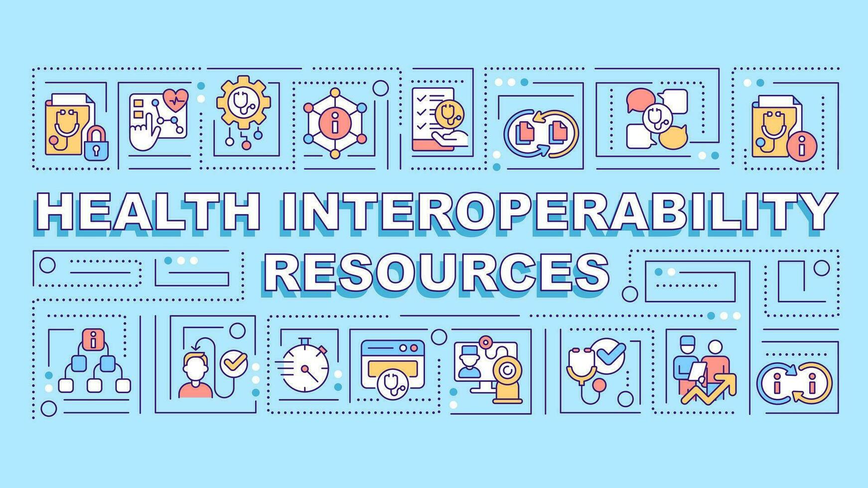 Health interoperability resources text with various thin line icons concept on blue monochromatic background, editable 2D vector illustration.