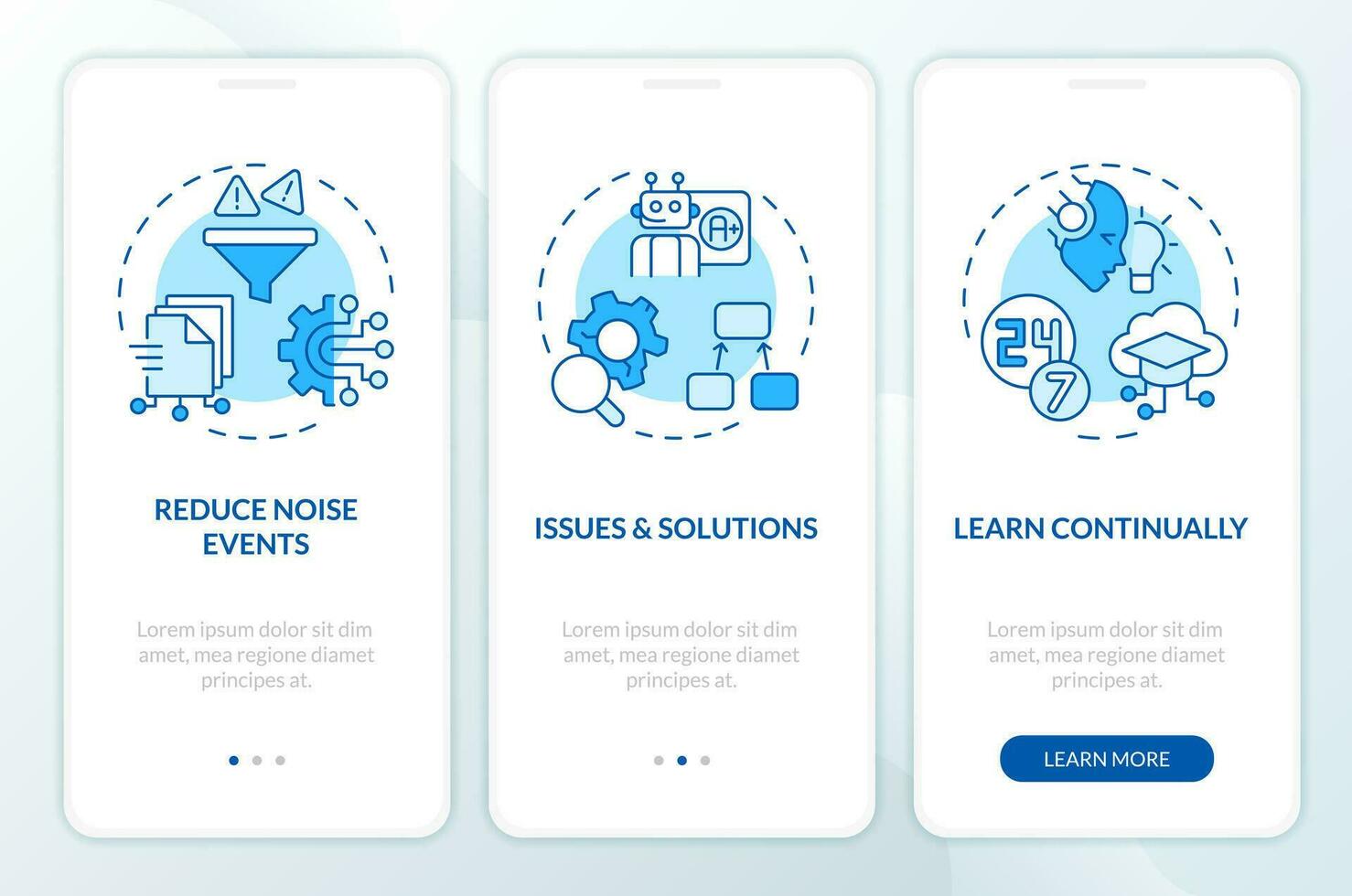 2D icons representing AI ops mobile app screen set. Walkthrough 3 steps blue graphic instructions with thin line icons concept, UI, UX, GUI template. vector