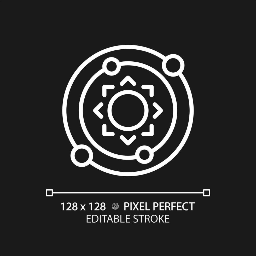 Solar system pixel perfect white linear icon for dark theme. Celestial bodies. Milky way. Planetary orbit. Space exploration. Thin line illustration. Isolated symbol for night mode. Editable stroke vector